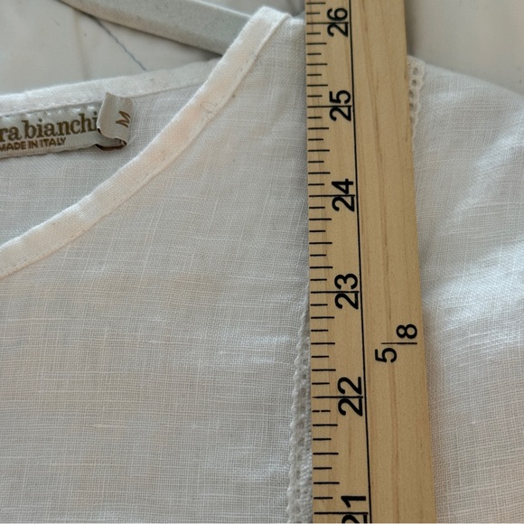 Italian White Linen Short Sleeve Tunic Blouse M Button Back Coastal Cottagecore - Picture 10 of 10